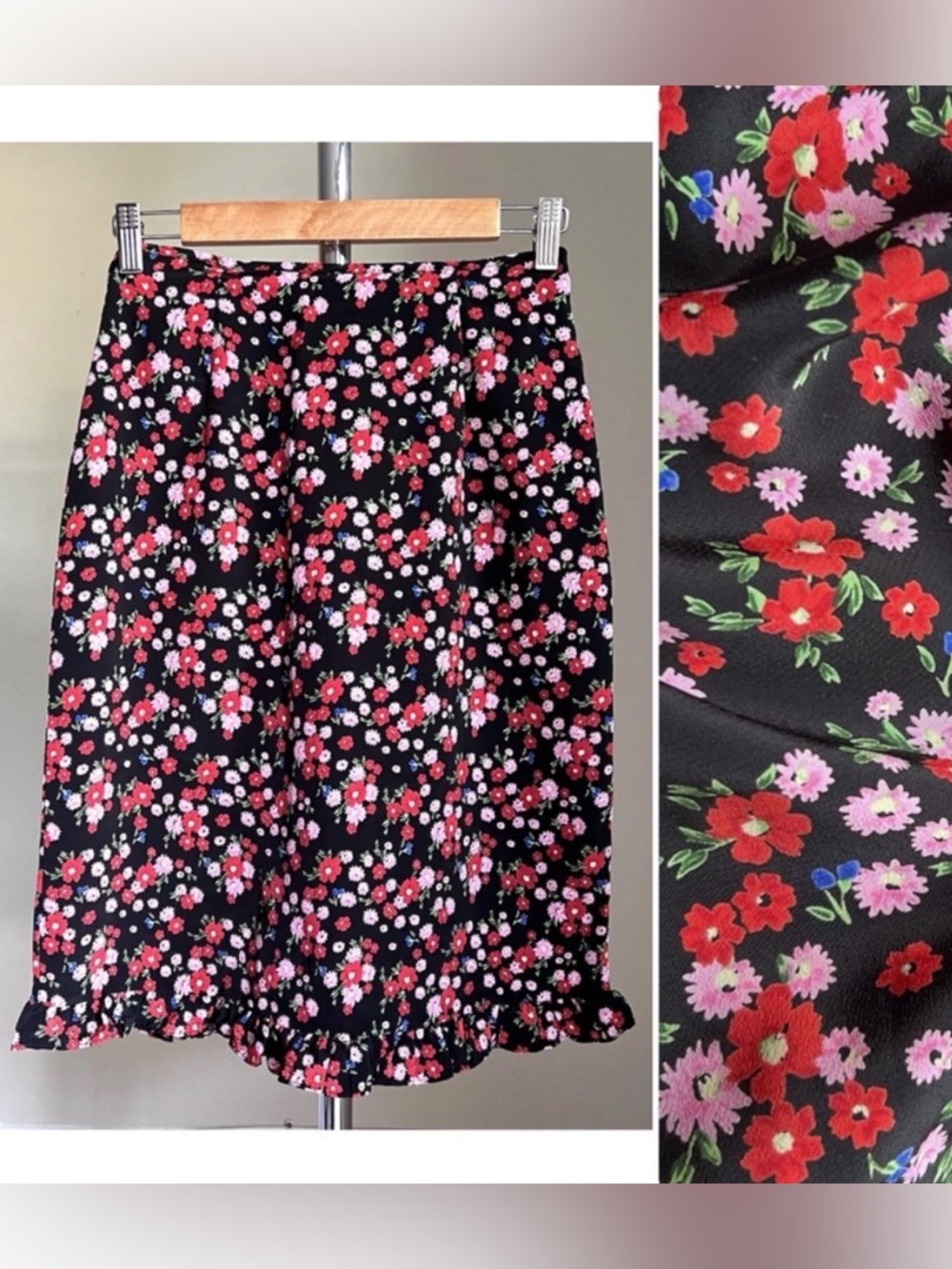 Vintage Skirt Sz S Y2K Floral Knee Length Ruffle Whimsical Boho USA Summer